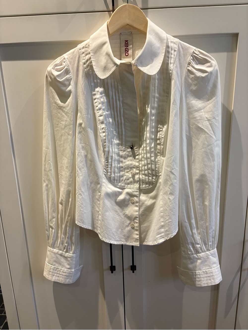 KENZO Runway white Pintucked Bib Long-Sleeve Button-Down Blouse.